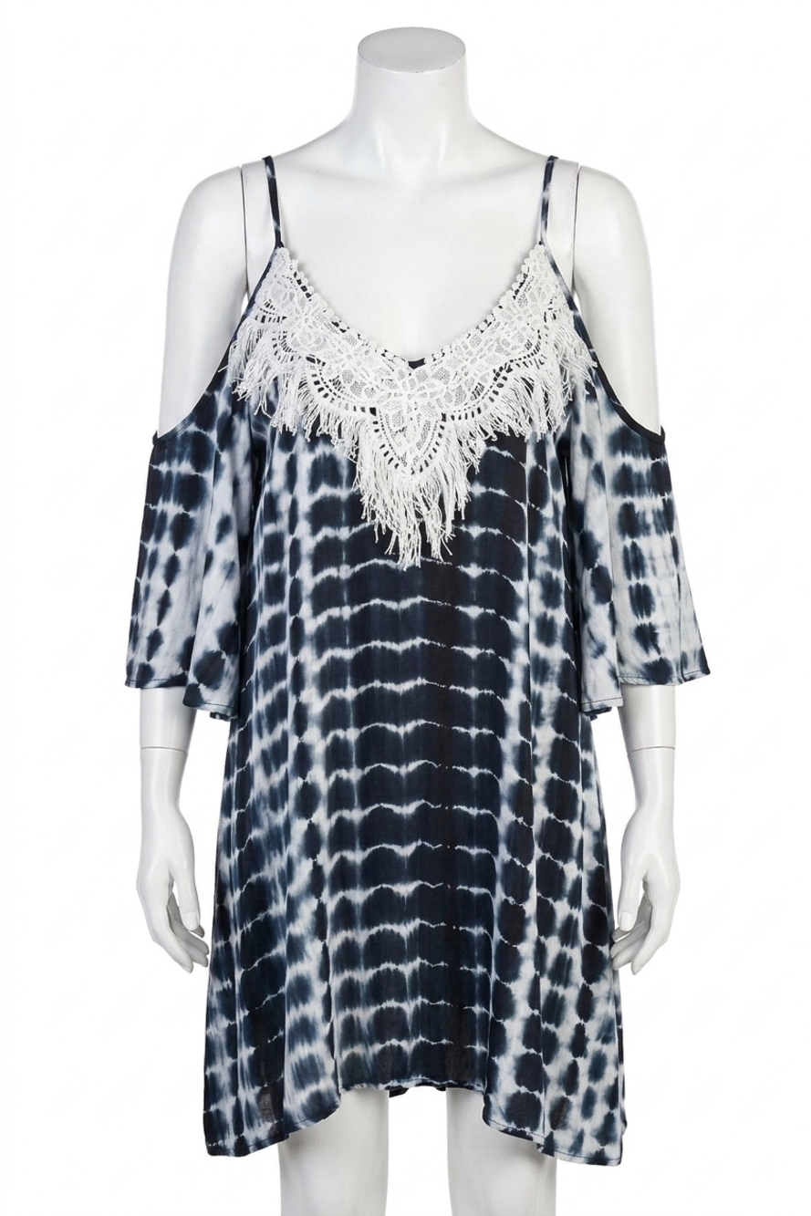 NEW VELZERA tie dye fringe mini dress in black